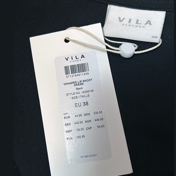 Vila Clothes Black Dress Fit & Flare Long Sleeve Bow Tie and Button Skirt Plunge - Picture 13 of 16